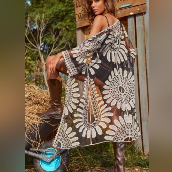 NEW Western Black White Sheer Floral Tribal Embroidered Summer Cover-Up (#1,310) - Picture 3 of 10